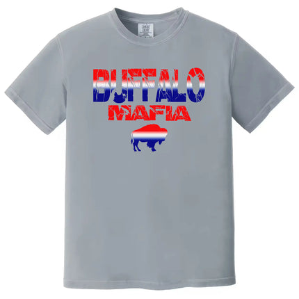Buffalo Mafia football t-shirt in grey, bold cracked text over buffalo shape filled with red white and blue gradient, Buffalo pride fan tee