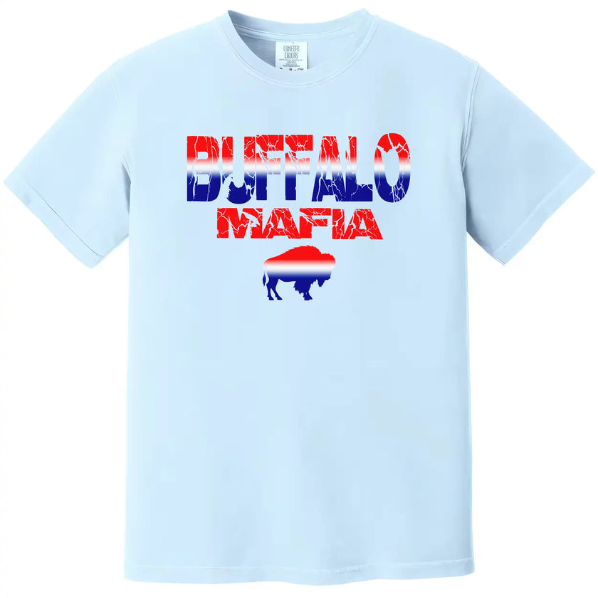 Buffalo Mafia graphic tee in light blue, red white and blue gradient buffalo design with cracked lettering, Buffalo fan football shirt