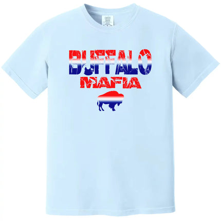 Buffalo Mafia graphic tee in light blue, red white and blue gradient buffalo design with cracked lettering, Buffalo fan football shirt