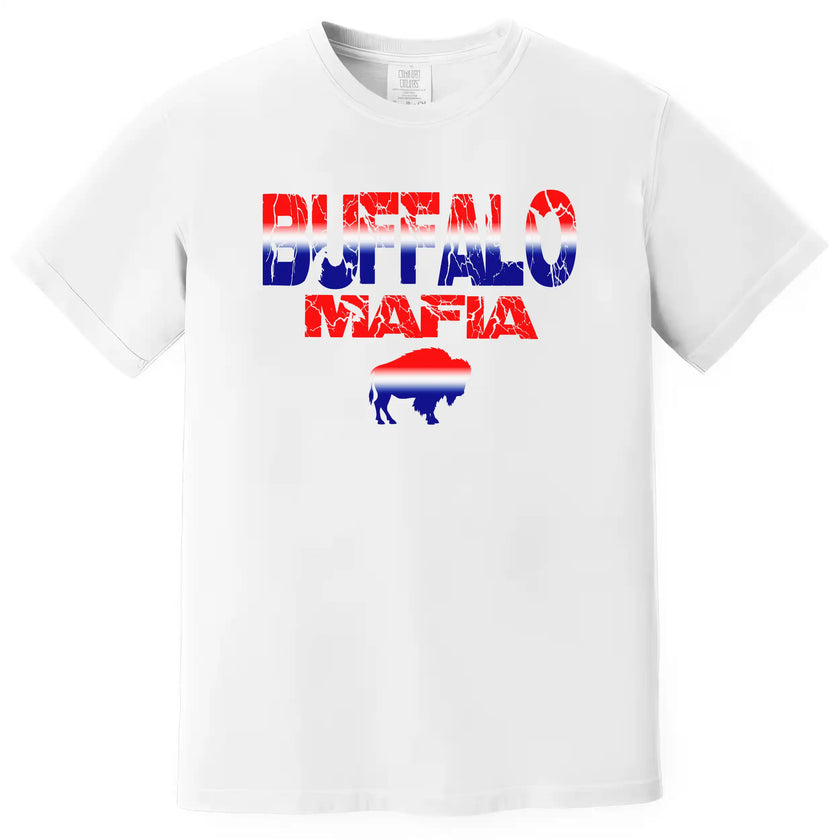 Buffalo Mafia graphic tee in white, buffalo silhouette with red white blue gradient design and cracked lettering, Buffalo game day football shirt