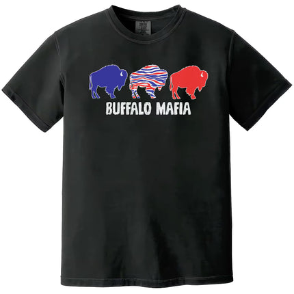 Buffalo Mafia graphic t-shirt with three buffalo design in red, blue, and striped print, black tee flat lay.