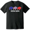 Buffalo Mafia graphic t-shirt with three buffalo design in red, blue, and striped print, black tee flat lay.