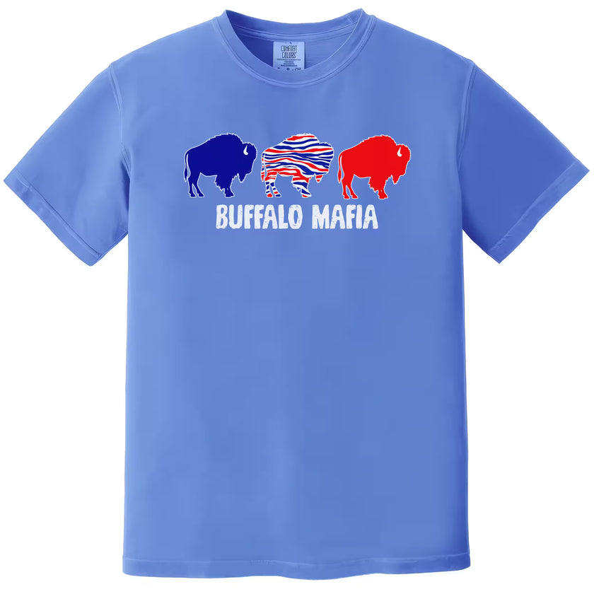Buffalo Mafia football shirt featuring triple buffalo graphic in bold colors, blue t-shirt flat lay on white background.