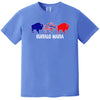 Buffalo Mafia football shirt featuring triple buffalo graphic in bold colors, blue t-shirt flat lay on white background.