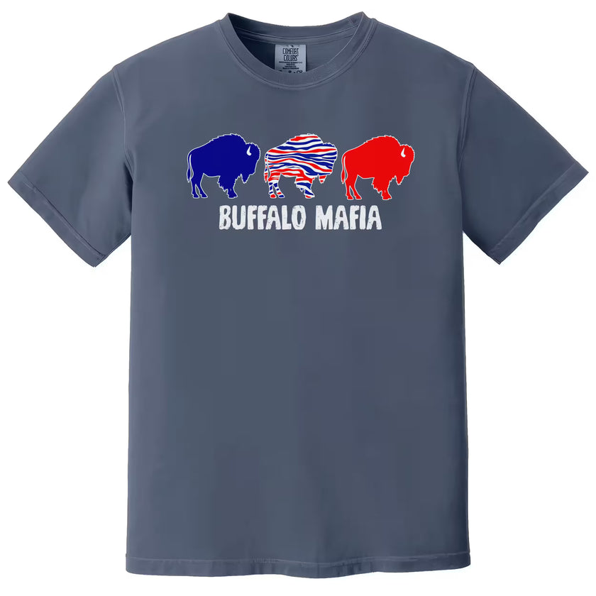 Buffalo Mafia graphic tee with three buffalo design in red, blue, and striped style, denim blue shirt flat lay.