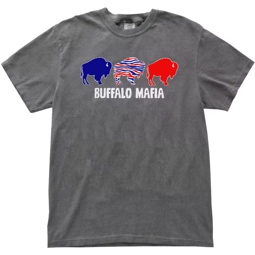 Buffalo Mafia football t-shirt with trio buffalo graphic across chest, gray tee photographed flat.