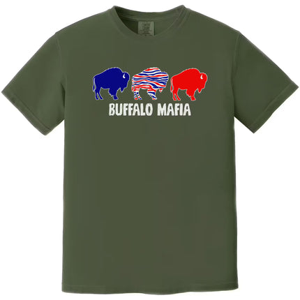 Buffalo Mafia graphic t-shirt featuring three buffalo in bold colors, green shirt laid flat on white background.