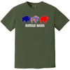 Buffalo Mafia graphic t-shirt featuring three buffalo in bold colors, green shirt laid flat on white background.