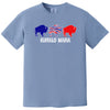 Buffalo Mafia football tee with triple buffalo graphic in distressed style, light blue shirt flat lay.