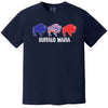 Buffalo Mafia football t-shirt with three buffalo graphic in blue, red, and striped design, navy tee laid flat on white background.