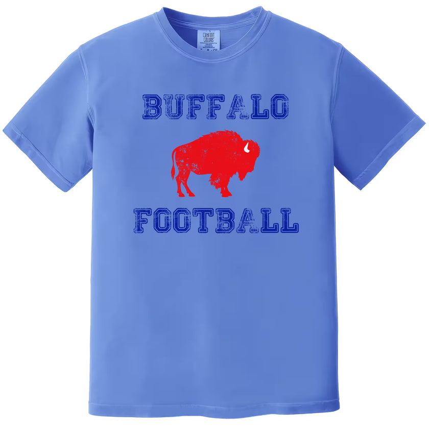 Blue Buffalo football t-shirt flat lay with distressed blue lettering and red buffalo graphic, bold Buffalo pride fan apparel.