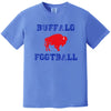Blue Buffalo football t-shirt flat lay with distressed blue lettering and red buffalo graphic, bold Buffalo pride fan apparel.