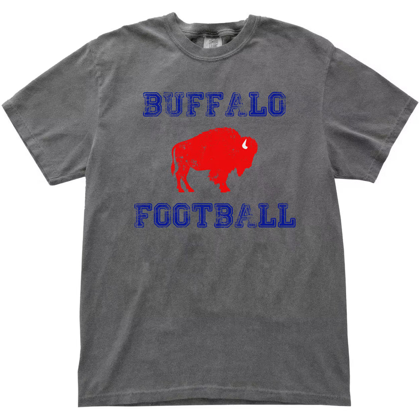Gray Buffalo football t-shirt flat lay with distressed blue lettering and red buffalo graphic, casual Buffalo football style.