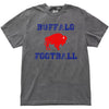 Gray Buffalo football t-shirt flat lay with distressed blue lettering and red buffalo graphic, casual Buffalo football style.