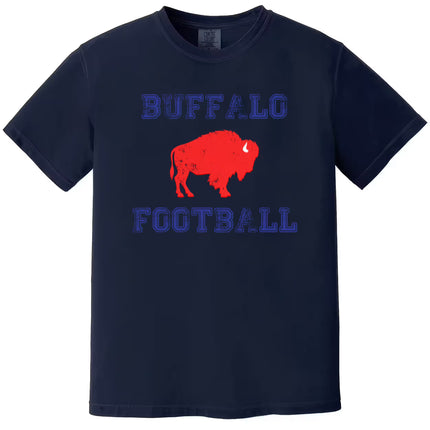 Navy Buffalo football t-shirt flat lay featuring distressed blue lettering and red buffalo at center chest, timeless football fan look.