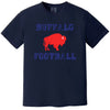 Navy Buffalo football t-shirt flat lay featuring distressed blue lettering and red buffalo at center chest, timeless football fan look.