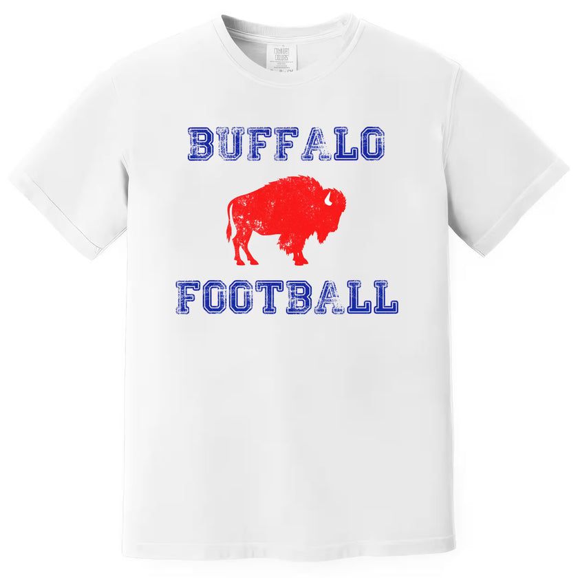 White Buffalo football t-shirt flat lay with distressed blue lettering and red buffalo graphic, classic fan style for everyday wear.
