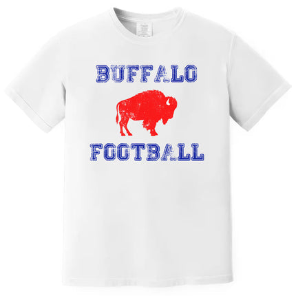 White Buffalo football t-shirt flat lay with distressed blue lettering and red buffalo graphic, classic fan style for everyday wear.