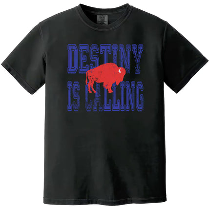 Black Destiny Is Calling Buffalo football shirt with distressed blue lettering and red buffalo graphic. Strong Buffalo fan style for game day.