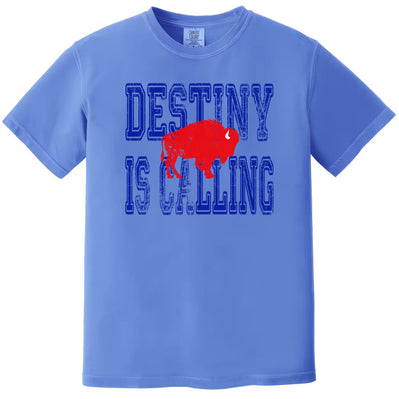 Blue Destiny Is Calling Buffalo football shirt with distressed blue lettering and red buffalo graphic. Bright fan style for football season.