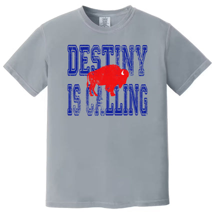 Gray Destiny Is Calling Buffalo football shirt with distressed blue lettering and red buffalo graphic. Neutral streetwear look for fans.