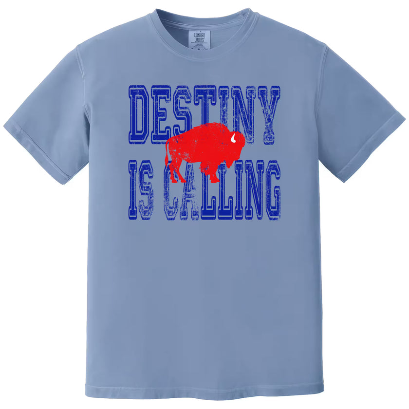 Light blue Destiny Is Calling Buffalo football shirt with distressed blue lettering and red buffalo graphic. Relaxed game day fan style.