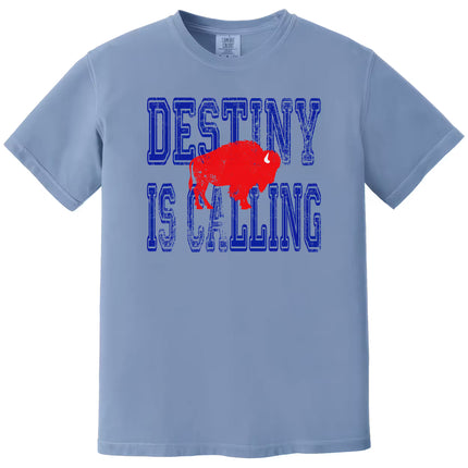 Light blue Destiny Is Calling Buffalo football shirt with distressed blue lettering and red buffalo graphic. Relaxed game day fan style.
