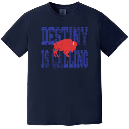 Navy Destiny Is Calling Buffalo football shirt with distressed blue lettering and red buffalo graphic. Classic Buffalo game day look.