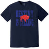 Navy Destiny Is Calling Buffalo football shirt with distressed blue lettering and red buffalo graphic. Classic Buffalo game day look.