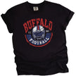 Black vintage Buffalo football t-shirt featuring white helmet and curved Est. 1960 graphic, flat lay on white background.
