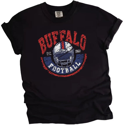 Black vintage Buffalo football t-shirt featuring white helmet and curved Est. 1960 graphic, flat lay on white background.