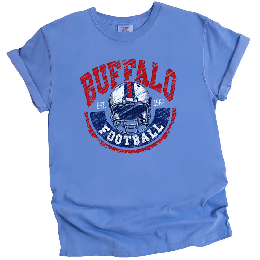 Vintage Buffalo football t-shirt with white helmet and retro design, blue tee flat lay on white background.