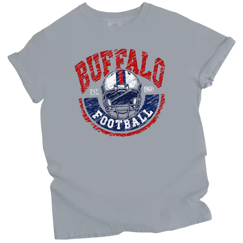 Gray vintage Buffalo football shirt with white buffalo helmet and retro Est. 1960 design, flat lay on white background.