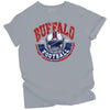 Gray vintage Buffalo football shirt with white buffalo helmet and retro Est. 1960 design, flat lay on white background.