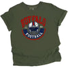 Green Buffalo football t-shirt in vintage 1990s style, white helmet graphic and Est. 1960 logo, flat lay on white background.