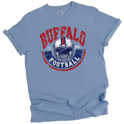 Light blue vintage Buffalo football tee with white helmet and curved retro design, flat lay on white background.