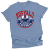 Light blue vintage Buffalo football tee with white helmet and curved retro design, flat lay on white background.