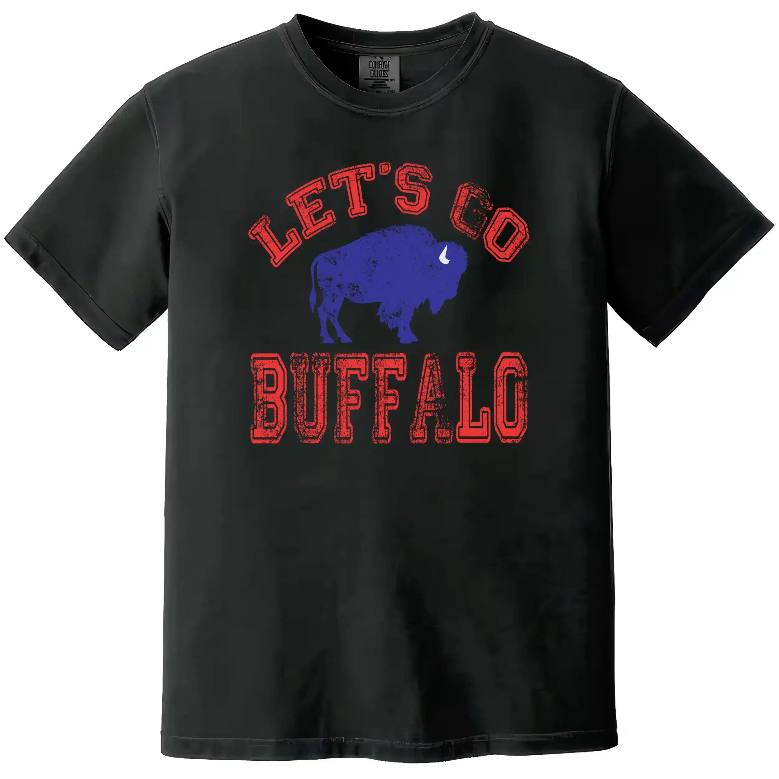 Let’s Go Buffalo football t-shirt with red distressed lettering and blue buffalo graphic, black tee flat lay on white background.