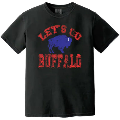 Let’s Go Buffalo football t-shirt with red distressed lettering and blue buffalo graphic, black tee flat lay on white background.