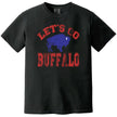 Let’s Go Buffalo football t-shirt with red distressed lettering and blue buffalo graphic, black tee flat lay on white background.