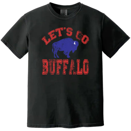 Let’s Go Buffalo football t-shirt with red distressed lettering and blue buffalo graphic, black tee flat lay on white background.
