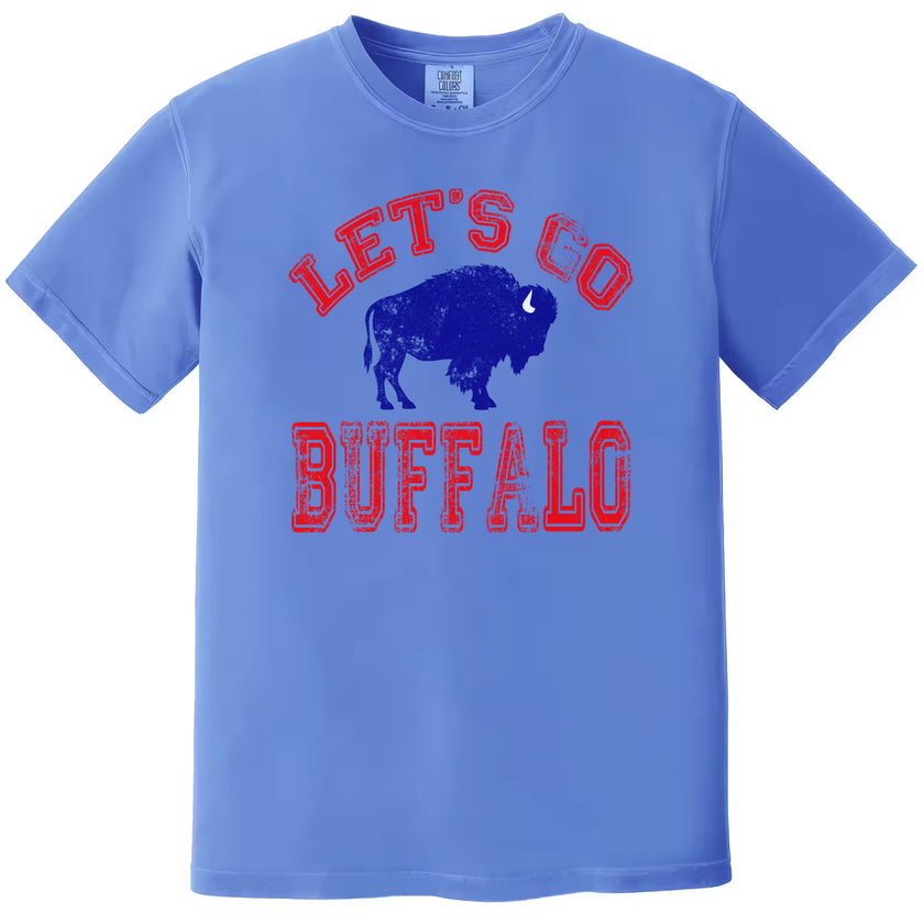 Blue Let’s Go Buffalo football t-shirt with bold distressed lettering and buffalo graphic, flat lay on white background.