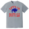 Gray Let’s Go Buffalo football tee with red distressed text and blue buffalo graphic, flat lay on white background.
