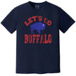 Let’s Go Buffalo football t-shirt featuring distressed red text and blue buffalo design, navy tee flat lay on white background.