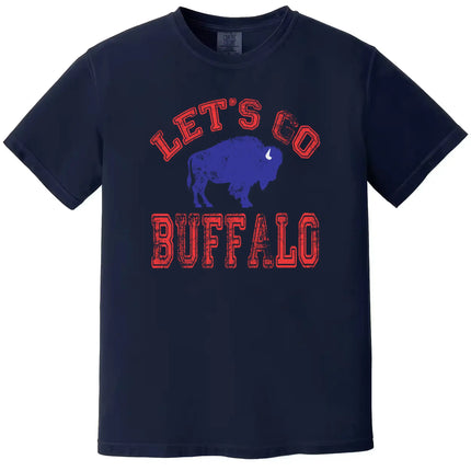 Let’s Go Buffalo football t-shirt featuring distressed red text and blue buffalo design, navy tee flat lay on white background.