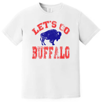 White Let’s Go Buffalo football t-shirt featuring red distressed lettering and blue buffalo design, flat lay on white background.