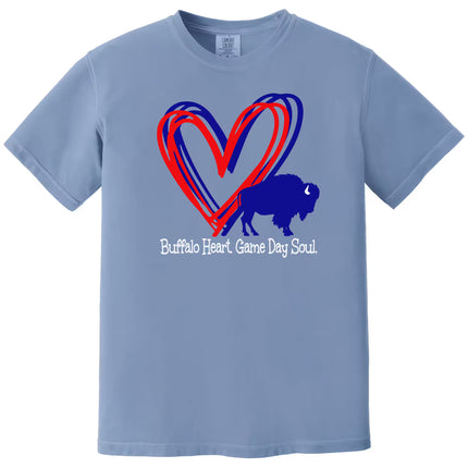 Light blue buffalo football women’s t-shirt flat lay on white background with heart design and game day lettering, casual fan apparel