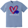 Light blue buffalo football women’s t-shirt flat lay on white background with heart design and game day lettering, casual fan apparel