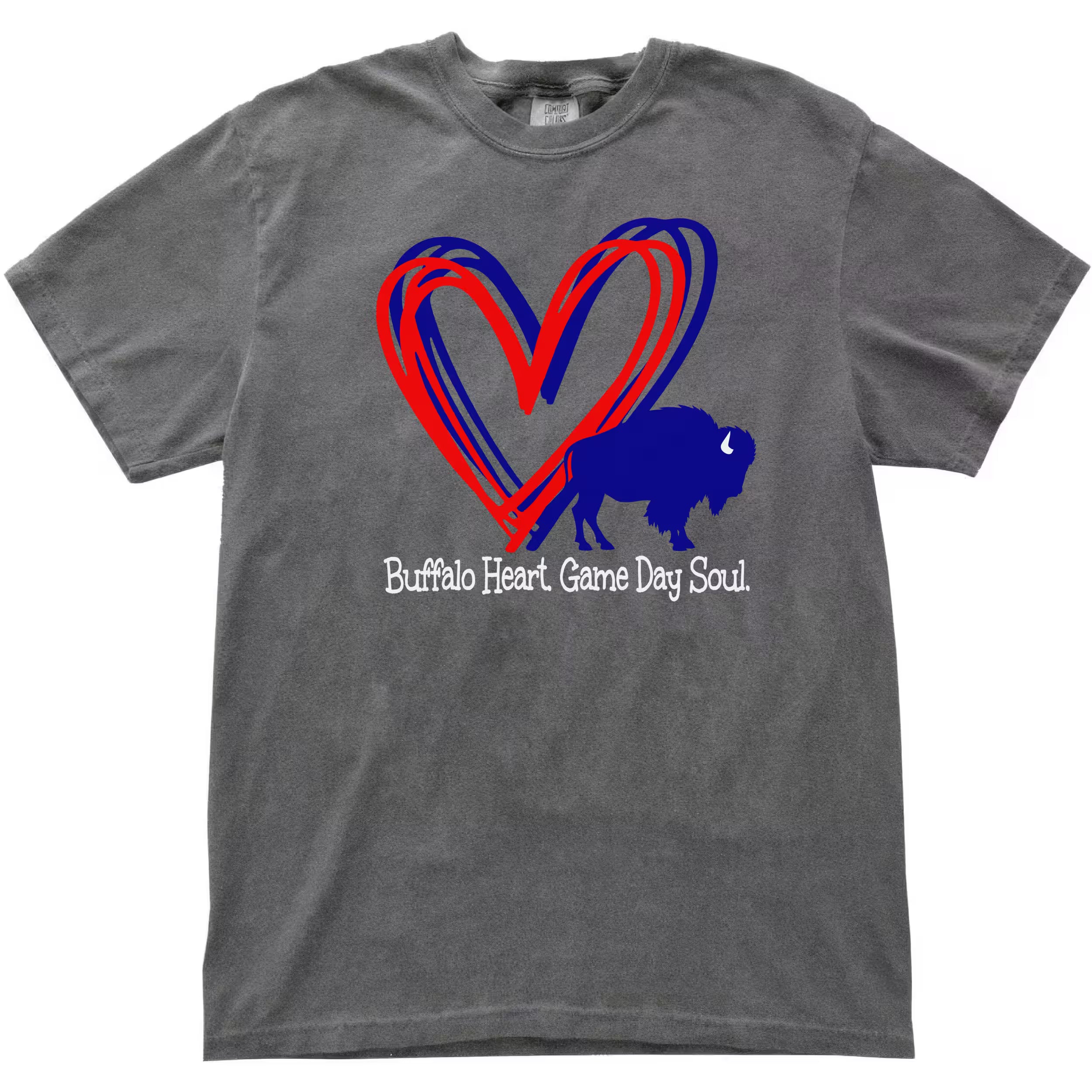 Buffalo heart game day soul women’s football tee flat lay on white background in soft gray, bold buffalo graphic, cozy fan style shirt