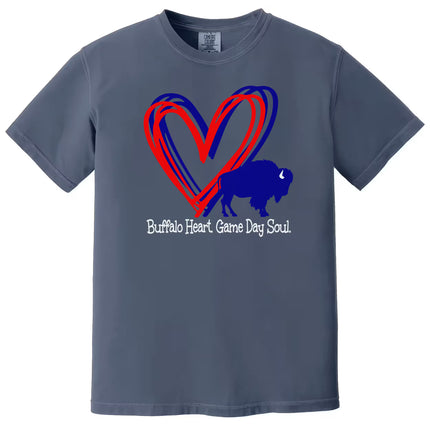 dark blue women’s buffalo football tee featuring heart and buffalo graphic, relaxed game day style